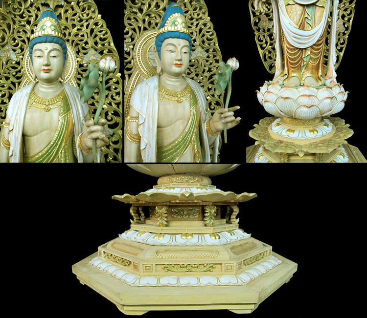 聖観音菩薩を楠で彫り上げ極彩色仕上げした仏像を販売しております。