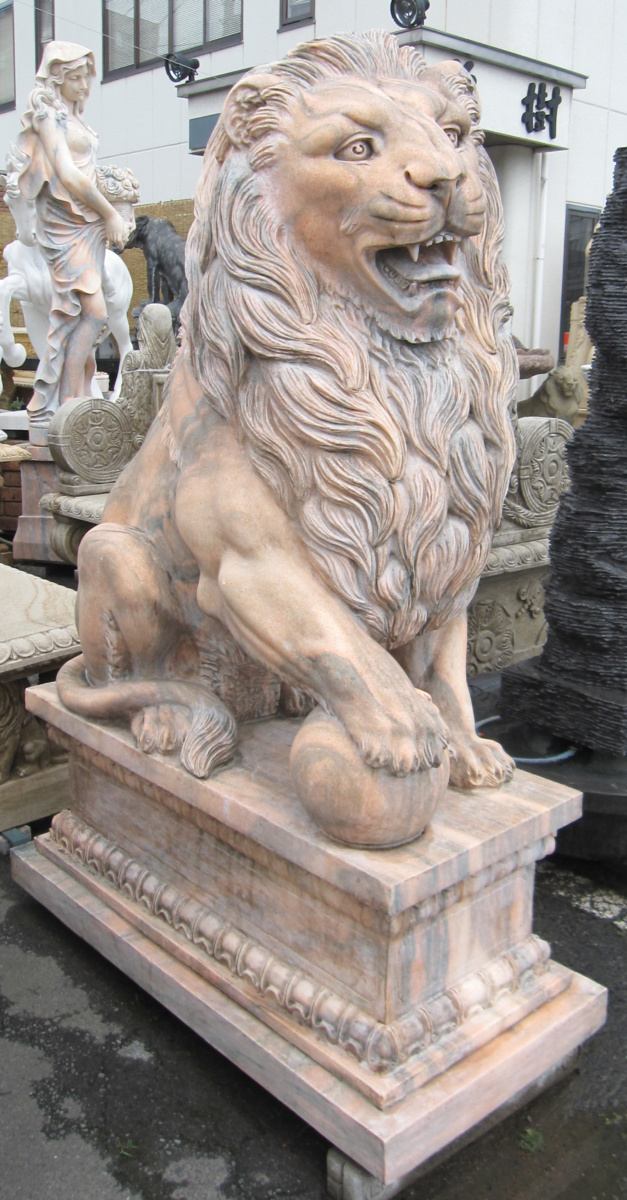 天然大理石彫刻　ライオンペア