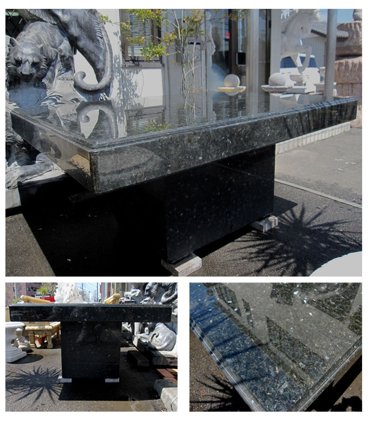 石のテーブルはノルウェー産出エメラルドパールで製作したガーデンファニチャーの販売です。