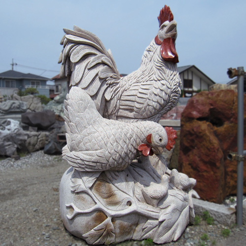 鶏親子　天然石　彫刻　御影石　庭園　置物　オブジェ　和風　庭　日本庭園