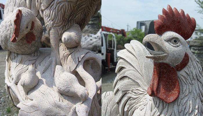 鶏親子　天然石　彫刻　御影石　庭園　置物　オブジェ　和風　庭　日本庭園